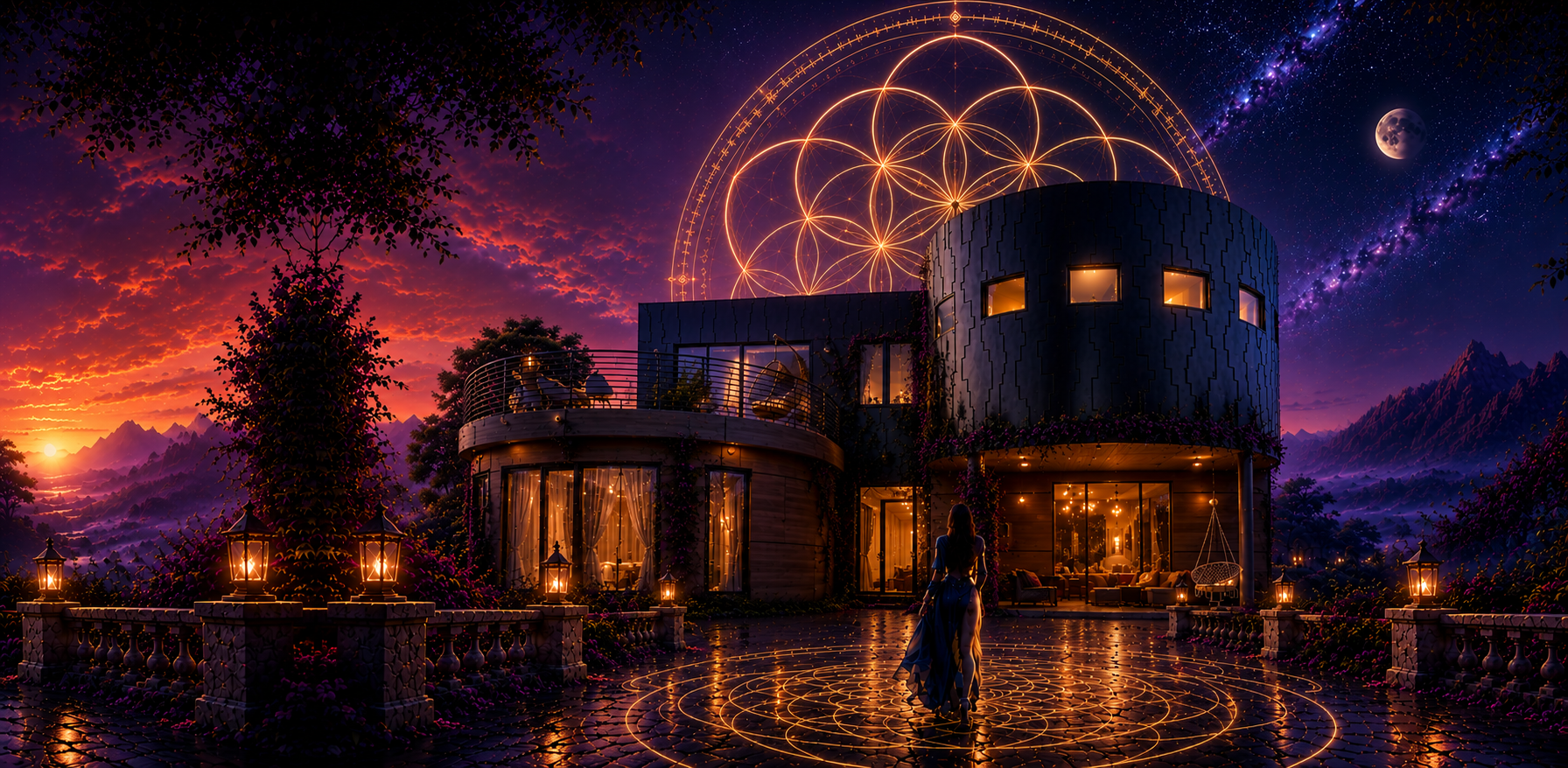 Two golden serpents rising beneath a crescent moon arc, between a starry night sky and a glowing sunrise over the Hollywood Hills