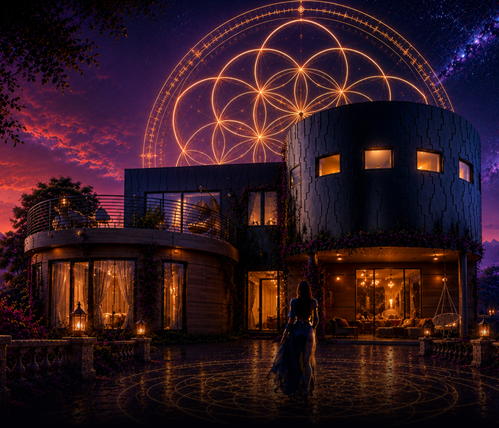Two golden serpents rising beneath a crescent moon arc, between a starry night sky and a glowing sunrise over the Hollywood Hills